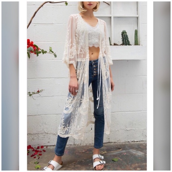 POL Sweaters - <LAST>Sheer Floral Embroidered Duster Kimono